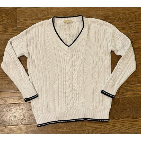 Mens Michael Kors Cable Knit V-neck Sweater Sz Medium White‎ & Blue ~ Preppy Y2K - Picture 1 of 8